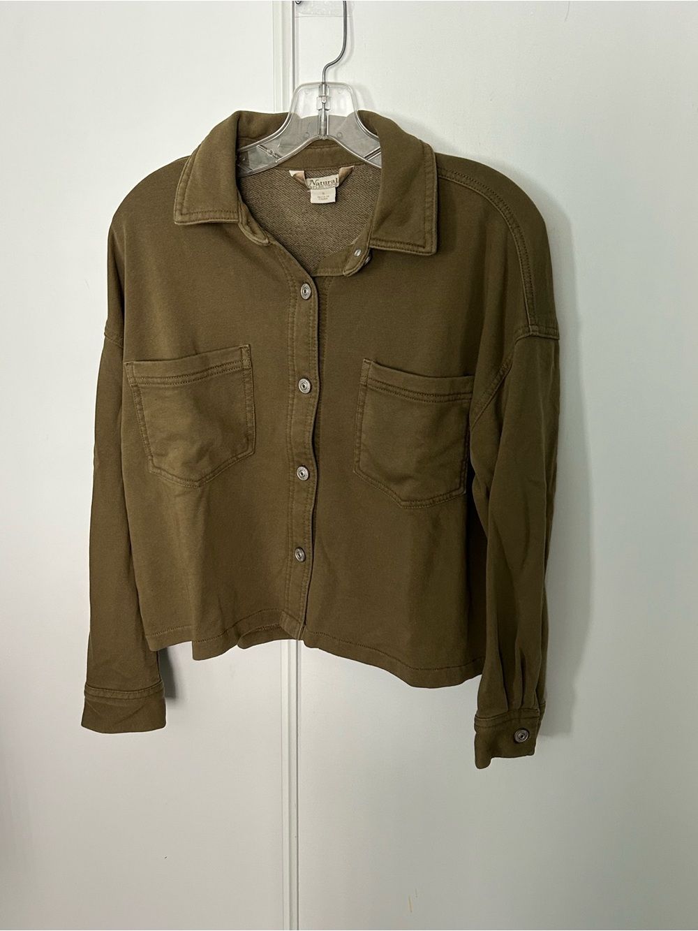 Natural Reflections Olive Green Button-Front Cropped Shirt Jacket